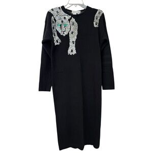 Vintage 80s Sequin Lambswool Leopard Cat Sweater Dress Size Medium Black Glam